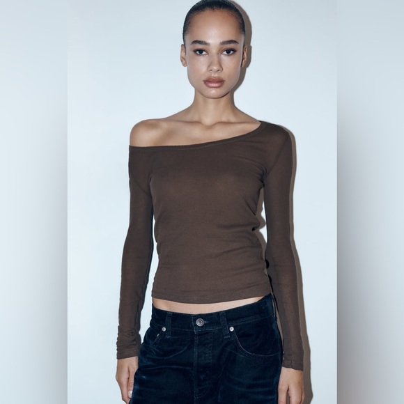 Zara Tops - Zara Brown Ribbed Cotton T-Shirt